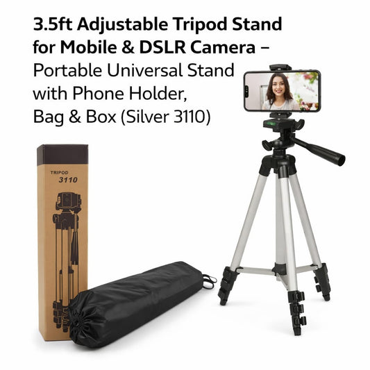 3.5ft Adjustable Tripod Stand for Mobile & DSLR Camera – Portable Universal Stand with Phone Holder, Bag & Box (Silver 3110)