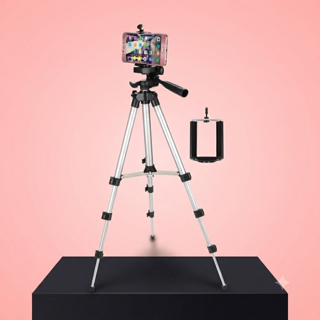 3.5ft Adjustable Tripod Stand for Mobile & DSLR Camera – Portable Universal Stand with Phone Holder, Bag & Box (Silver 3110)
