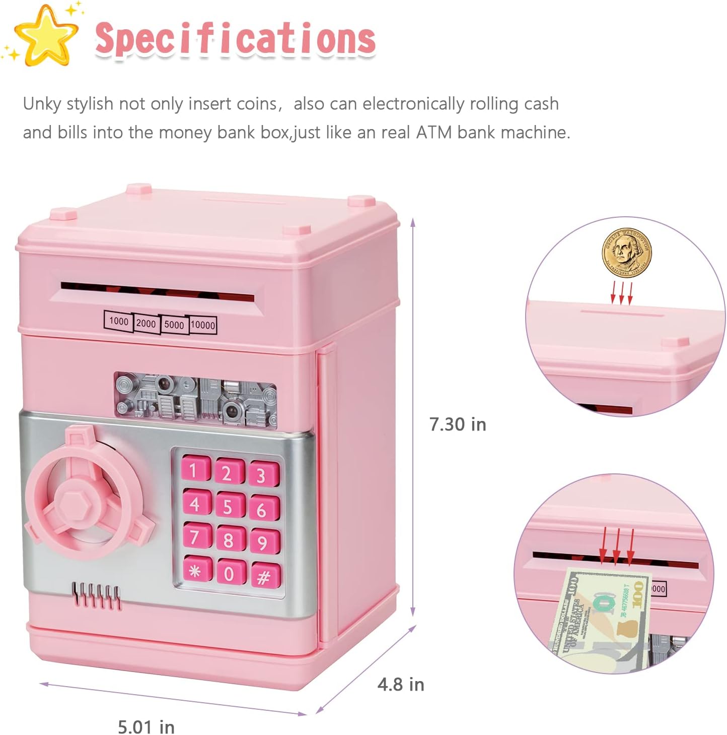 Mini ATM Electronic Piggy Bank for Kids with Password & Auto Cash Roll