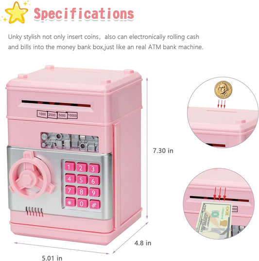 Mini ATM Electronic Piggy Bank for Kids with Password & Auto Cash Roll