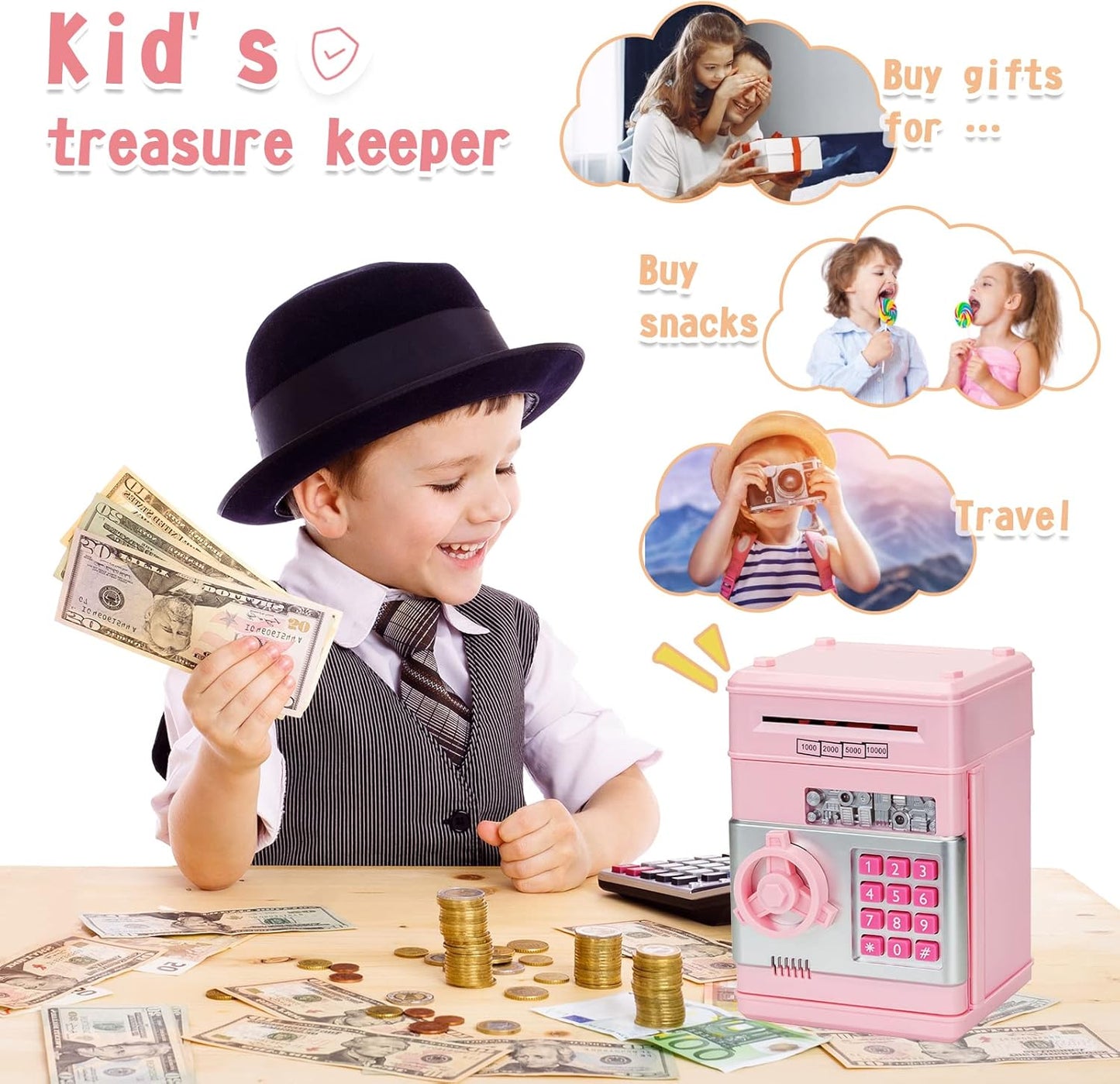 Mini ATM Electronic Piggy Bank for Kids with Password & Auto Cash Roll