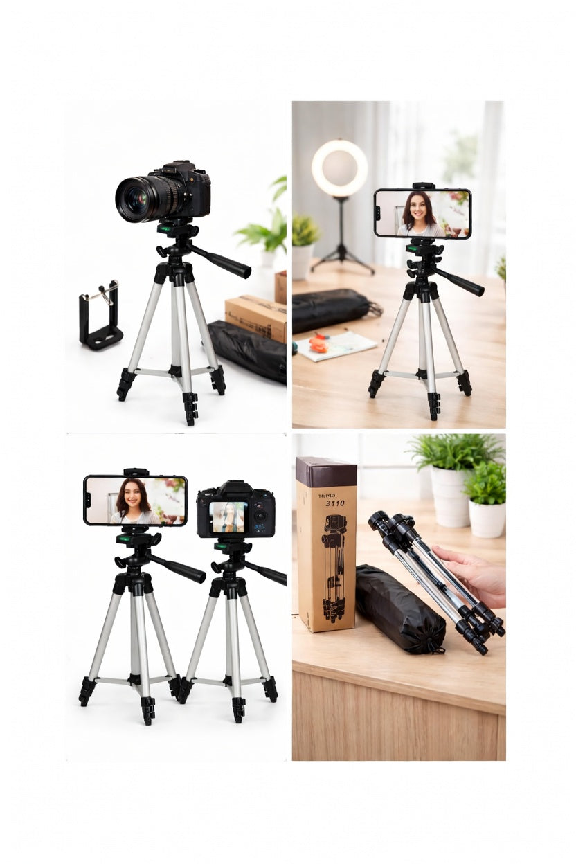 3.5ft Adjustable Tripod Stand for Mobile & DSLR Camera – Portable Universal Stand with Phone Holder, Bag & Box (Silver 3110)