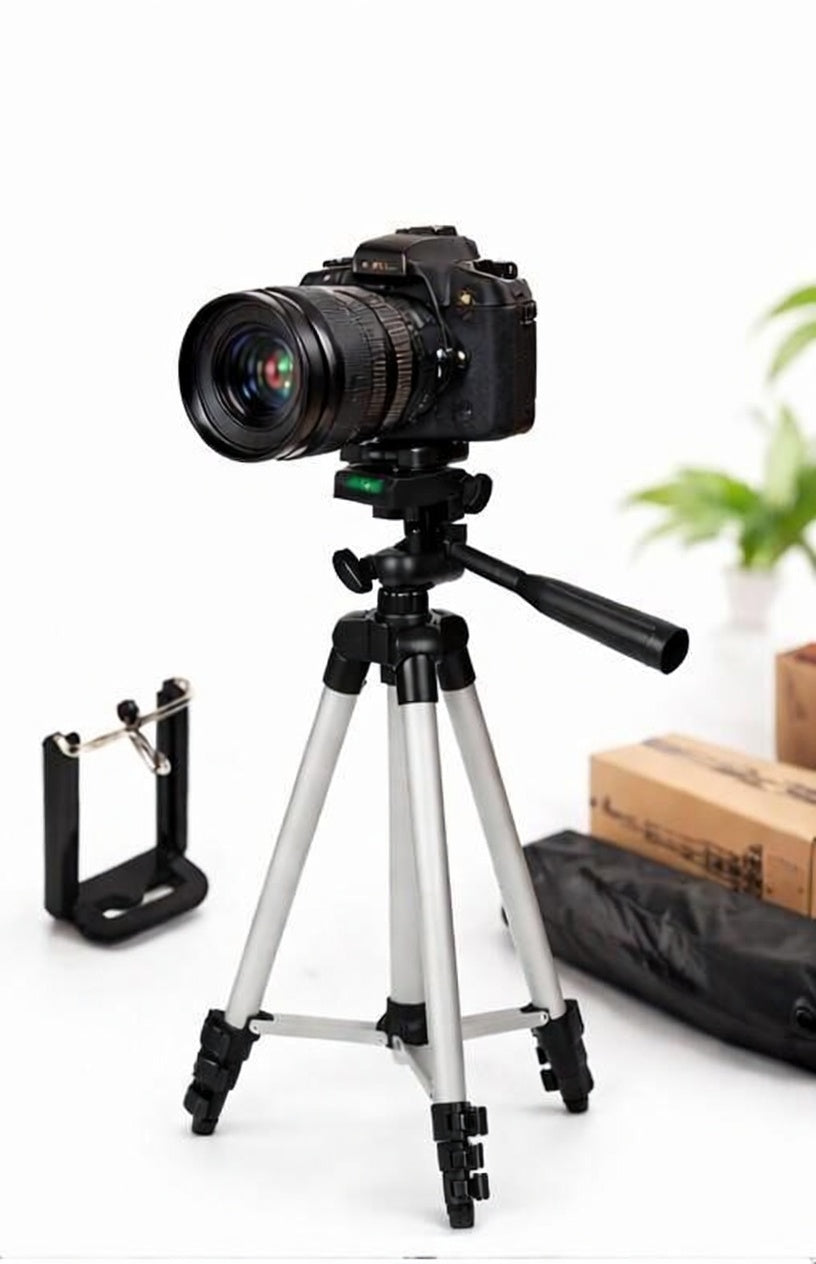 3.5ft Adjustable Tripod Stand for Mobile & DSLR Camera – Portable Universal Stand with Phone Holder, Bag & Box (Silver 3110)