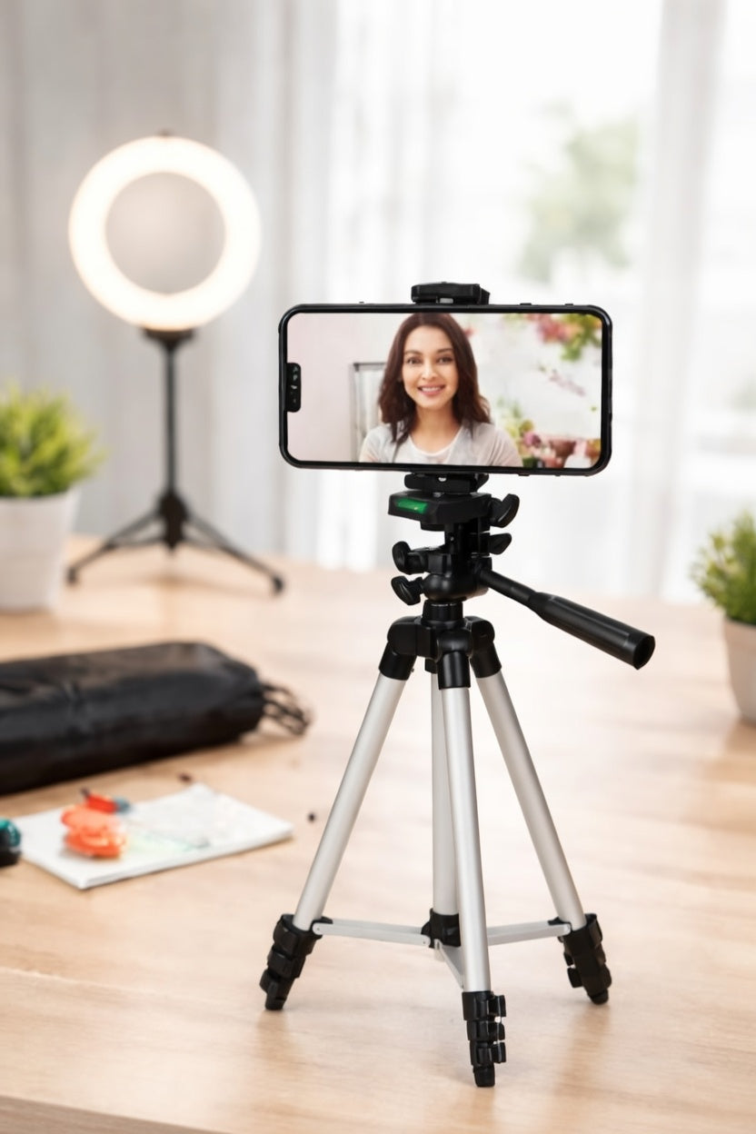 3.5ft Adjustable Tripod Stand for Mobile & DSLR Camera – Portable Universal Stand with Phone Holder, Bag & Box (Silver 3110)