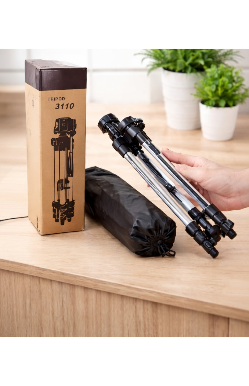3.5ft Adjustable Tripod Stand for Mobile & DSLR Camera – Portable Universal Stand with Phone Holder, Bag & Box (Silver 3110)