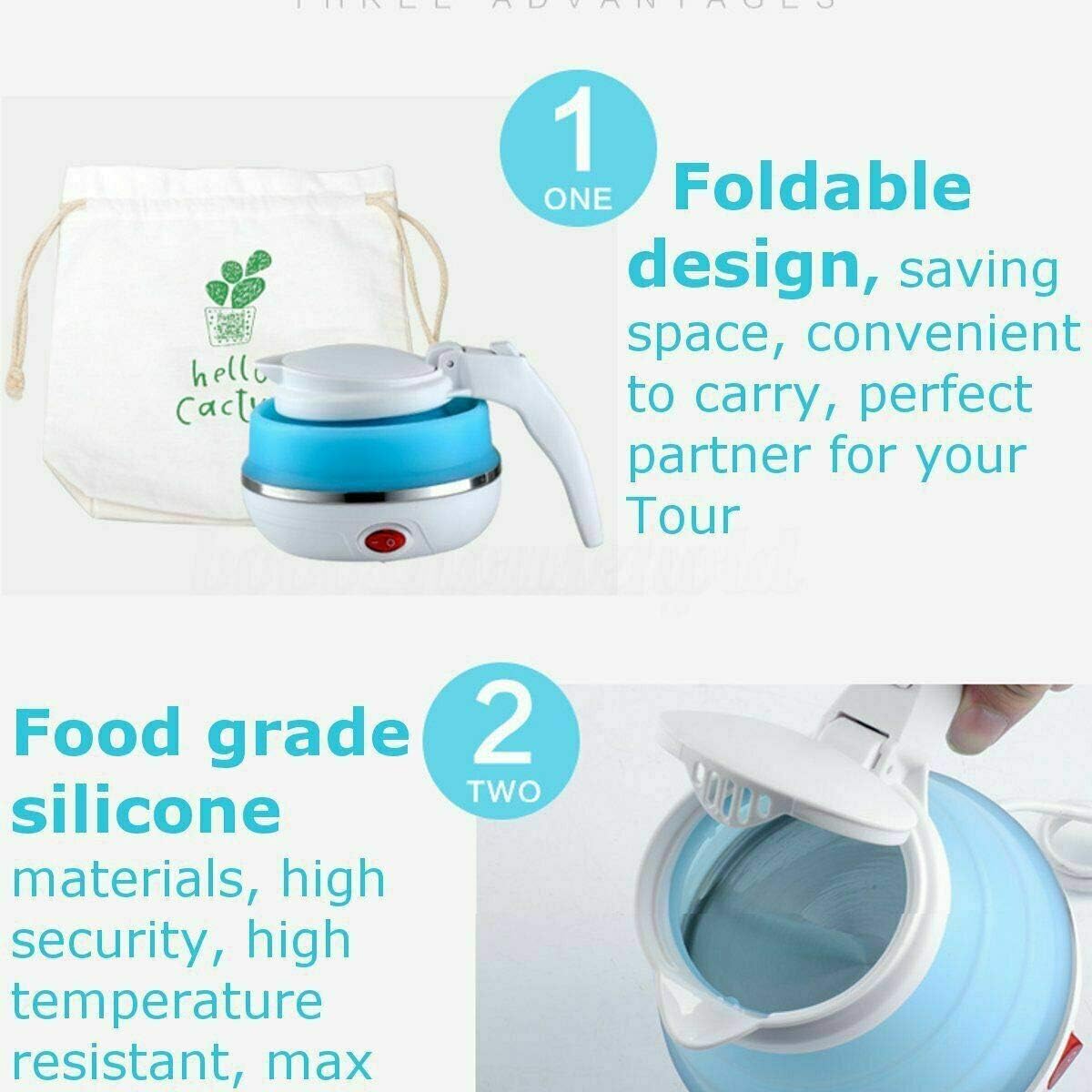 Travel Electric Portable Foldable 600ML Kettle Collapsible Silicon 220V 50Hz for Tea