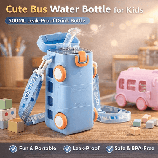 Cute Bus Water Bottle for Kids with Wheels | 500ml Leak-Proof Drink Bottle